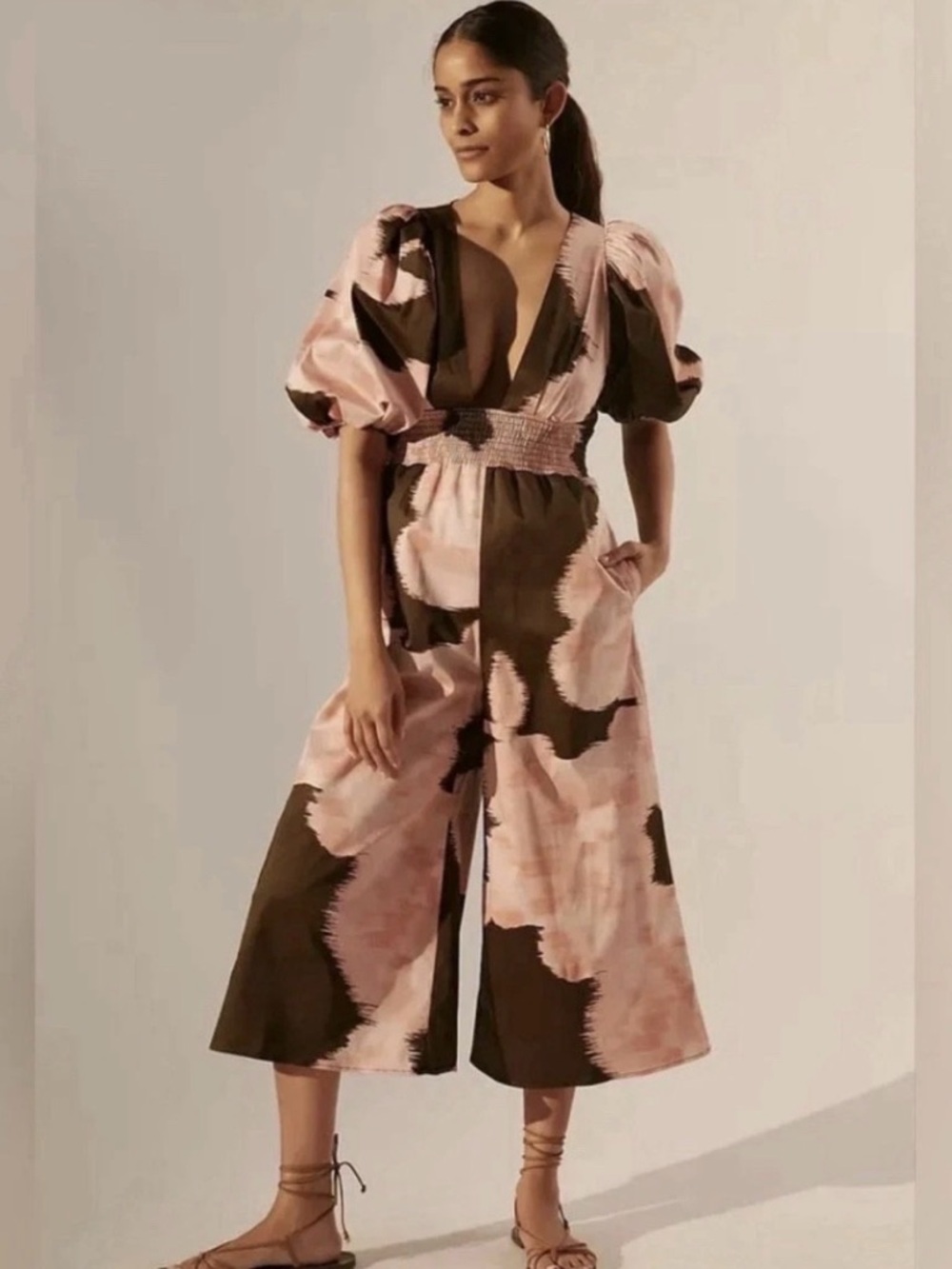 Hutch Anthro NWT 1X Blush Brown Puff Sleeve Wide Leg Jumpsuit Smocked Waist
